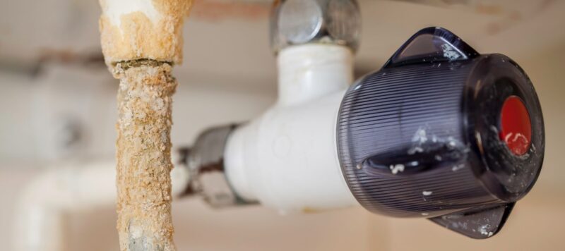 A pipe fitting for a water softener system in Austin with a translucent dark handle connected to a vertical pipe covered in heavy mineral deposits.