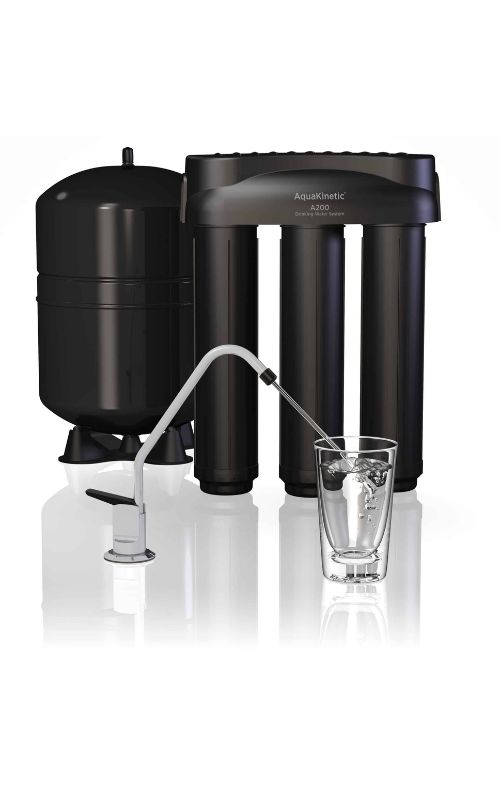 AquaKinetic A200 reverse osmosis system including a filtration unit, storage tank, and a faucet dispensing water into a glass.