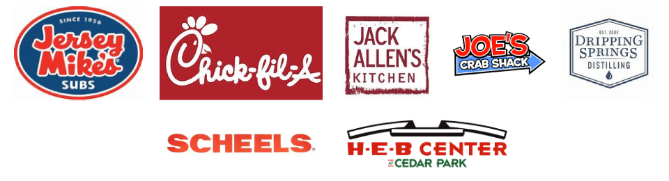 Logos for Jersey Mike’s Subs, Chick-fil-A, Jack Allen’s Kitchen, Joe’s Crab Shack, Dripping Springs Distilling, Scheels, and H-E-B Center at Cedar Park, which all utilize our commercial water systems.