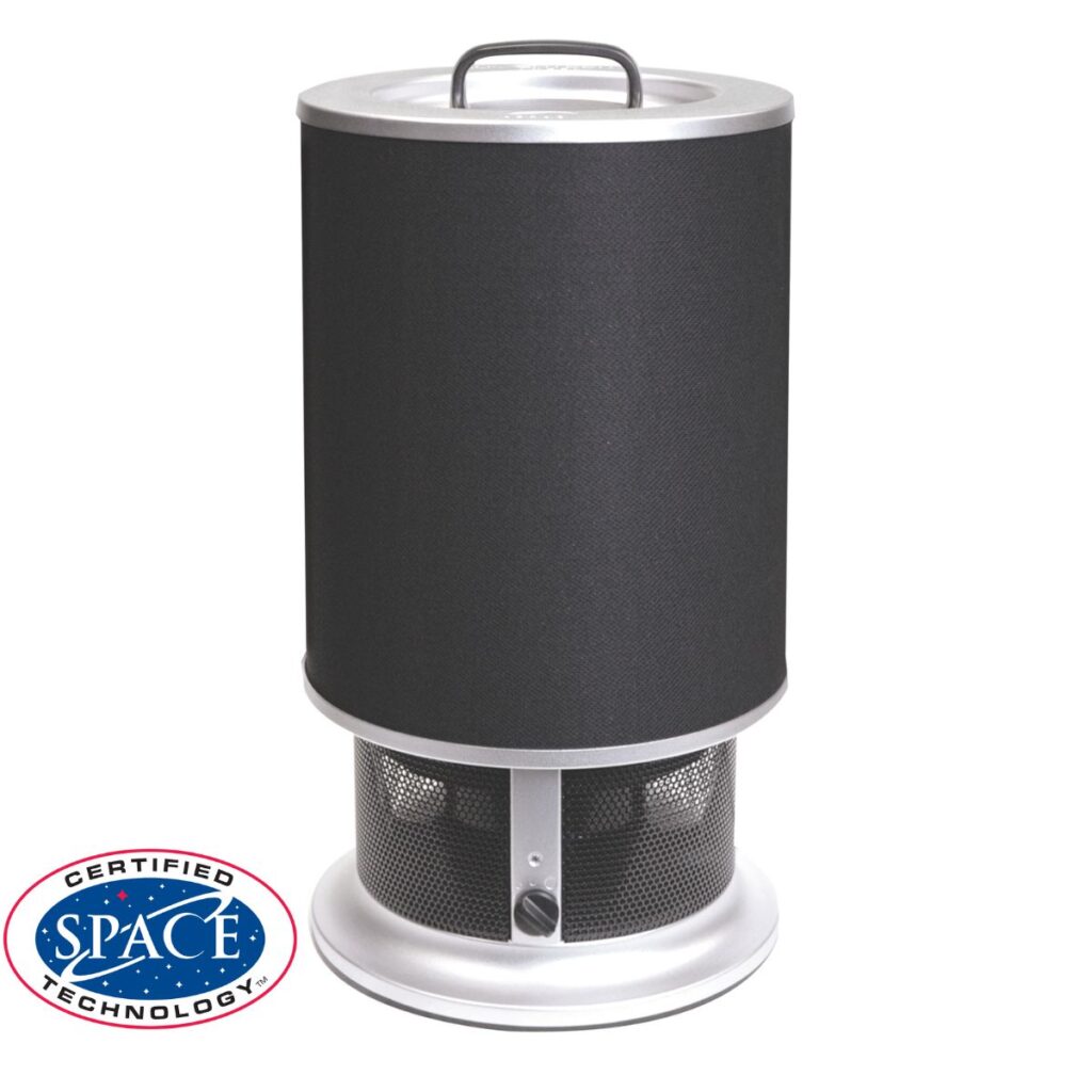 Cylindrical air purifier with a silver base, black fabric-covered body, and a Certified Space Technology seal.