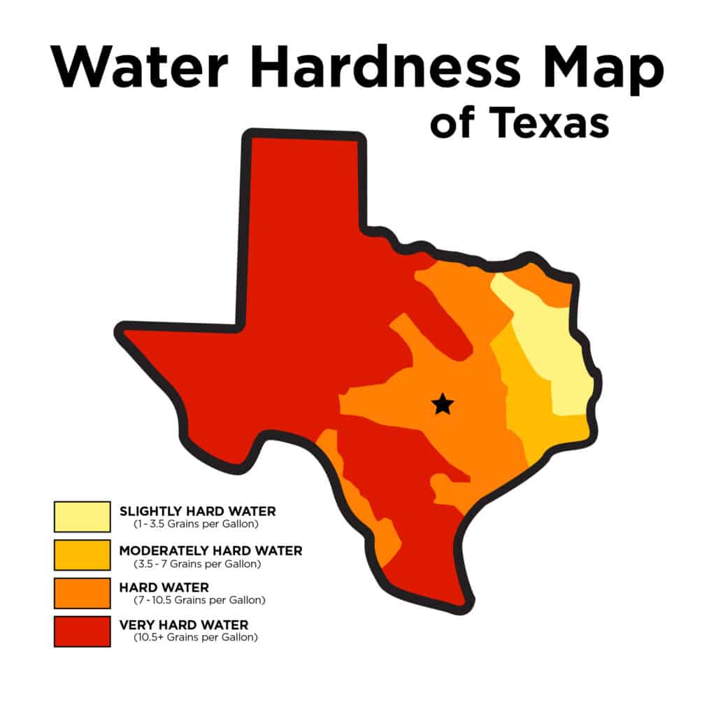 Map of Texas showing water hardness levels with colors indicating slightly hard water, moderately hard water, hard water, and very hard water