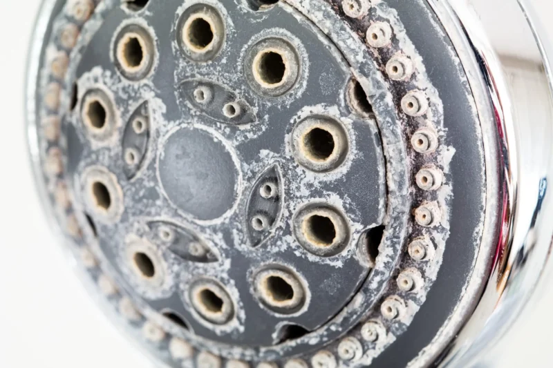 A showerhead nozzle heavily coated in mineral buildup and limescale.
