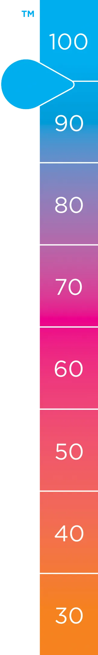 A vertical gradient thermometer graphic ranging from 30 to 100, with a blue indicator pointer at the 100 mark.