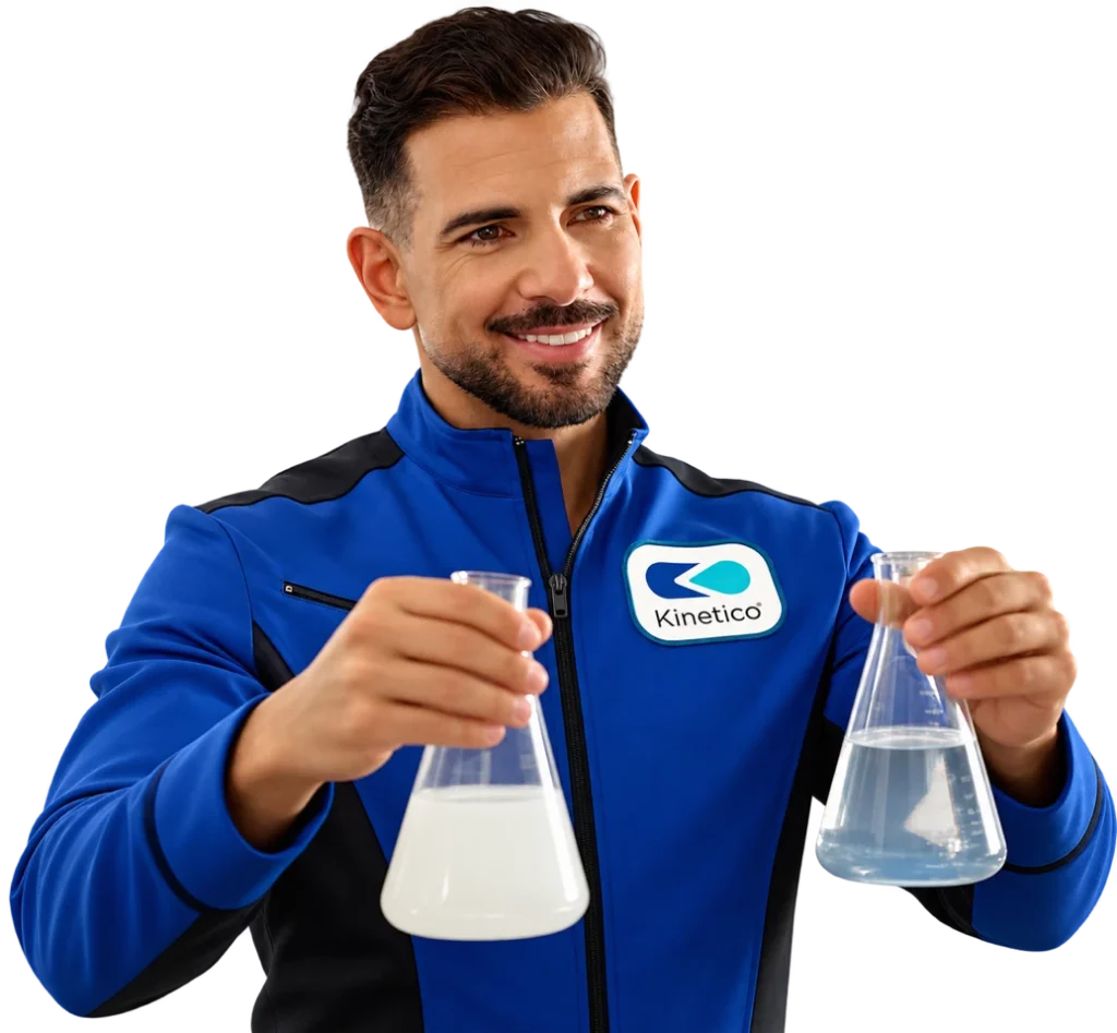 A smiling man in a branded Kinetico jacket holds two glass beakers containing different water samples.